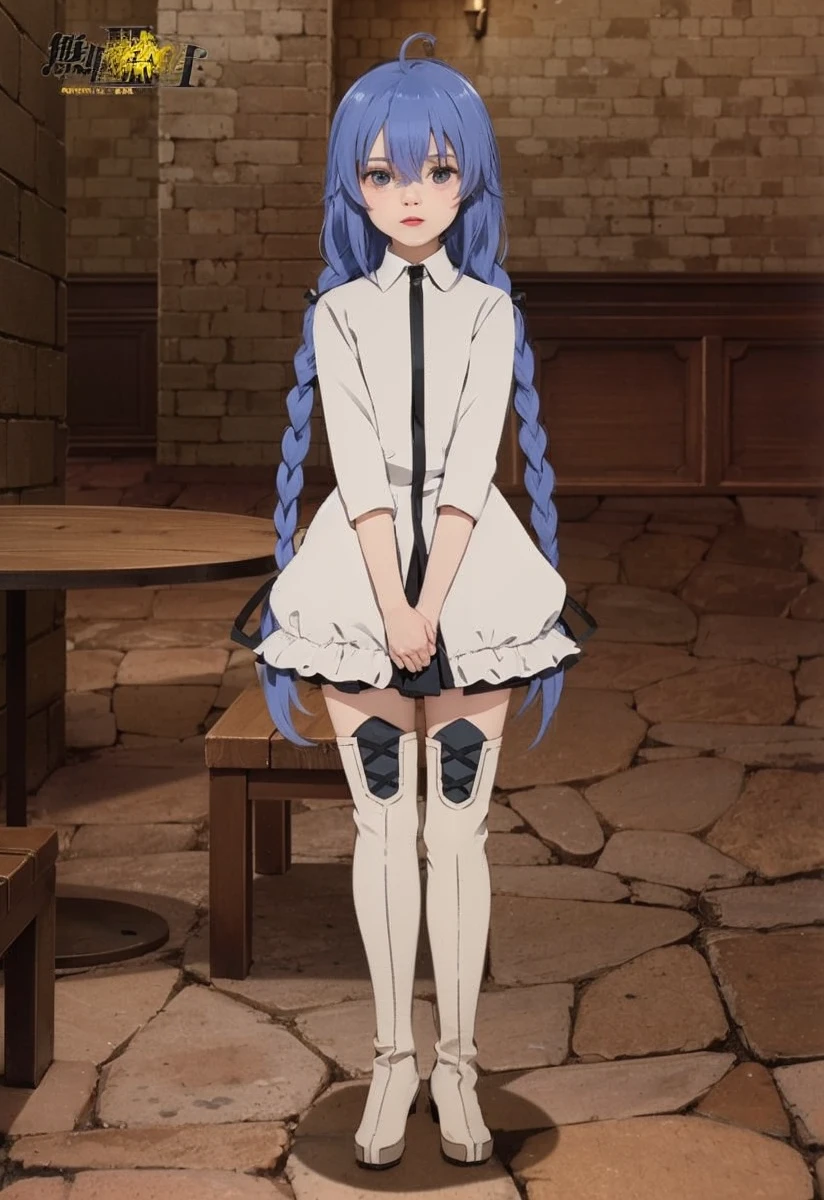 Blue hair girl,white dress with blue long chain, wearing white stocking