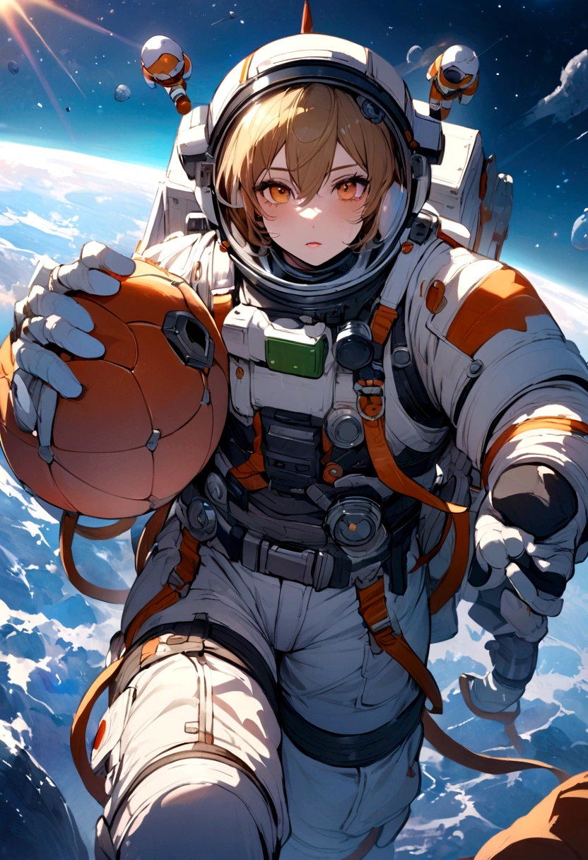 Astronauts in space，hold a balll，bright