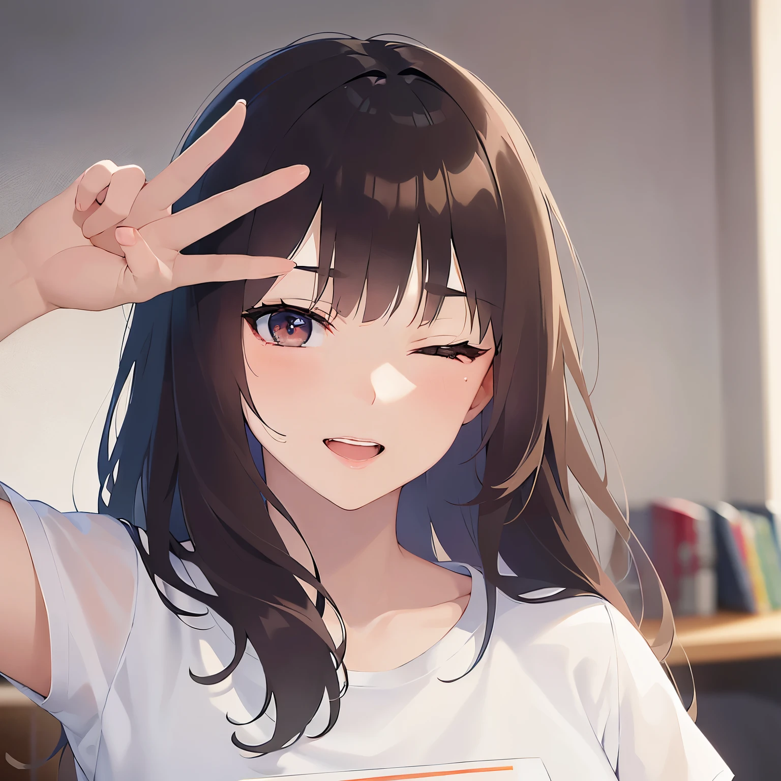 side angle, (peace sign:1.5), Biologically correct five fingers、Realistic, real person, (pale skin: 1.2), upper body, RAW photo, photorealistic, shiny skin, shiny hair、(A 25-year-old woman with medium-length hair and bangs) and (wavy hair) and (brown hair) and (Orange Eyes) and (one eye closed:1.3), (White T-shirt) 、smile, open mouth, The background is a hospital room.、Alone、Are standing