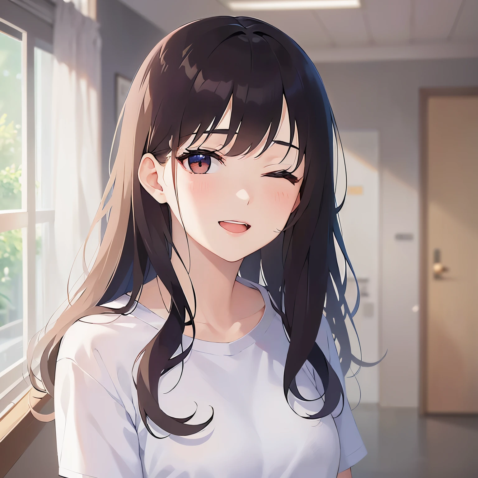 side angle, (peace sign:1.5), Biologically correct five fingers、Realistic, real person, (pale skin: 1.2), upper body, RAW photo, photorealistic, shiny skin, shiny hair、(A 25-year-old woman with medium-length hair and bangs) and (wavy hair) and (brown hair) and (Orange Eyes) and (one eye closed:1.3), (White T-shirt) 、smile, open mouth, The background is a hospital room.、Alone、Are standing