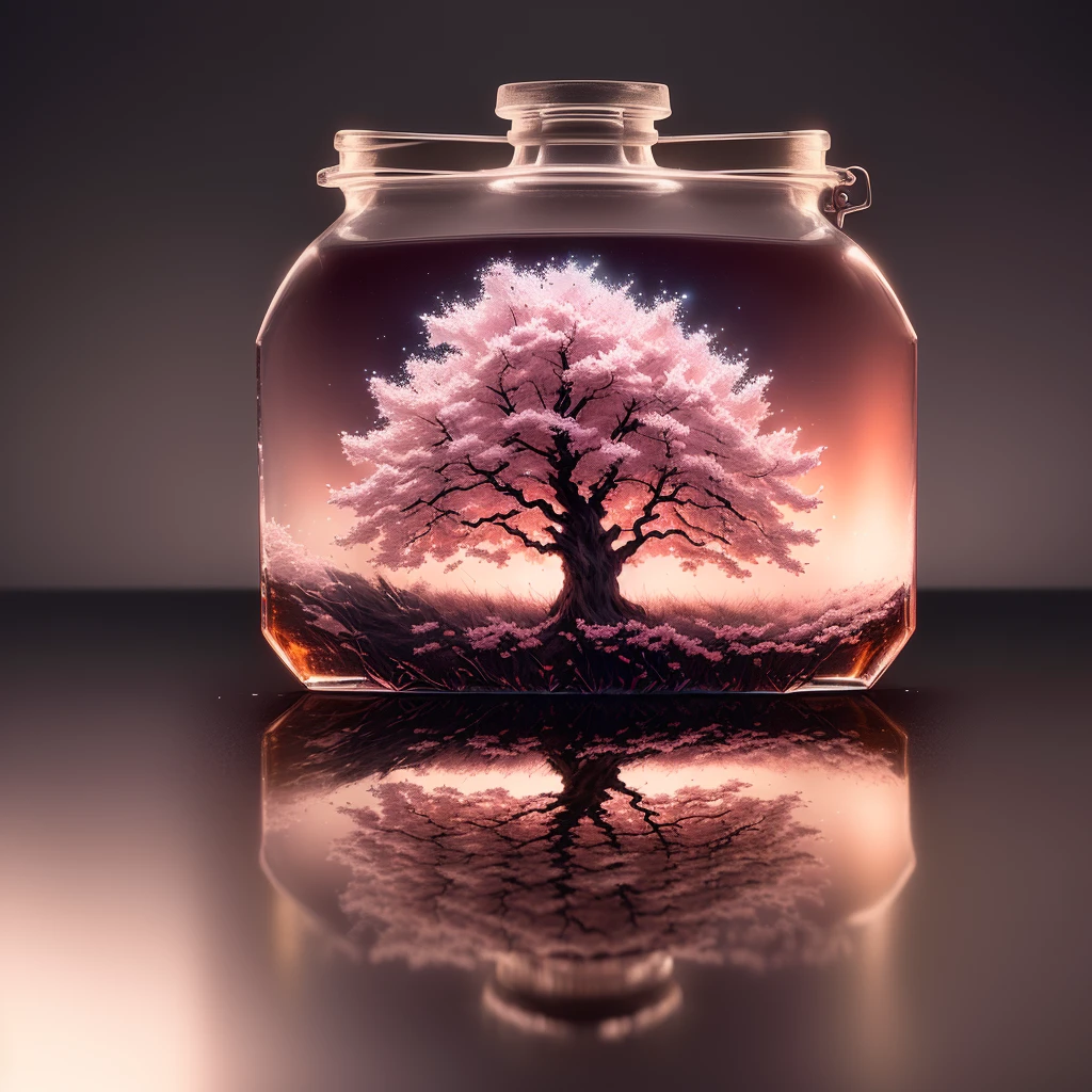 Cherry tree in a bottle, fluffy, Realistic, Refraction of atmospheric light, photograph:Lee Jeffries, Nikon d850 film stock photos 4 kodak portra 400 camera f1.6 Lenses, Rich colors, ultra Realistic Realistic textures, Dramatic lighting, Unreal Engine Trending on Artstation cinestill 800, Style-Glass