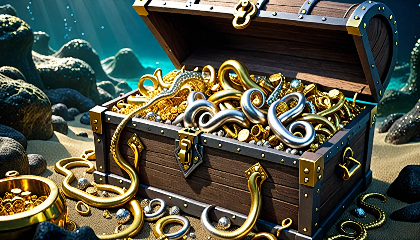 Tentacles extend from inside a treasure chest filled with gold and silver treasures.