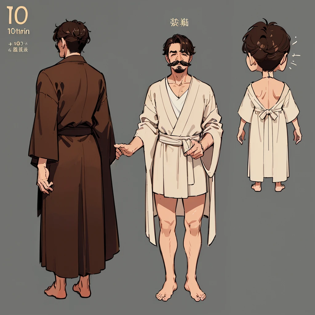 ((((Full body character concept、10 people))))、Highest quality, Best Quality,Best illustrationiddle ages、(((Simple brown robe)))、(40-year-old uncle、Kaiser moustache)、(Close your eyes、Close your eyes、smile)、dance、(From the back、Back view)