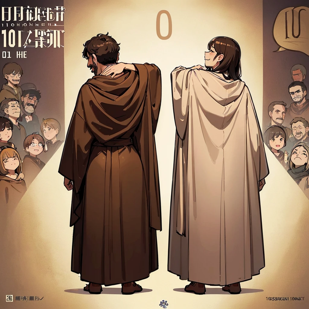 ((((Full body character concept、10 people))))、Highest quality, Best Quality,Best illustrationiddle ages、(((Simple brown robe)))、(40-year-old uncle、Kaiser moustache)、(Close your eyes、Close your eyes、smile)、dance、(From the back、Back view)