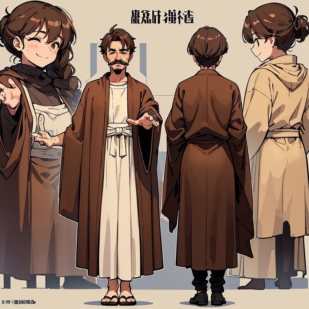 ((((Full body character concept、10 people))))、Highest quality, Best Quality,Best illustrationiddle ages、(((Simple brown robe)))、(40-year-old uncle、Kaiser moustache)、(Close your eyes、Close your eyes、smile)、dance、(From the back、Back view)