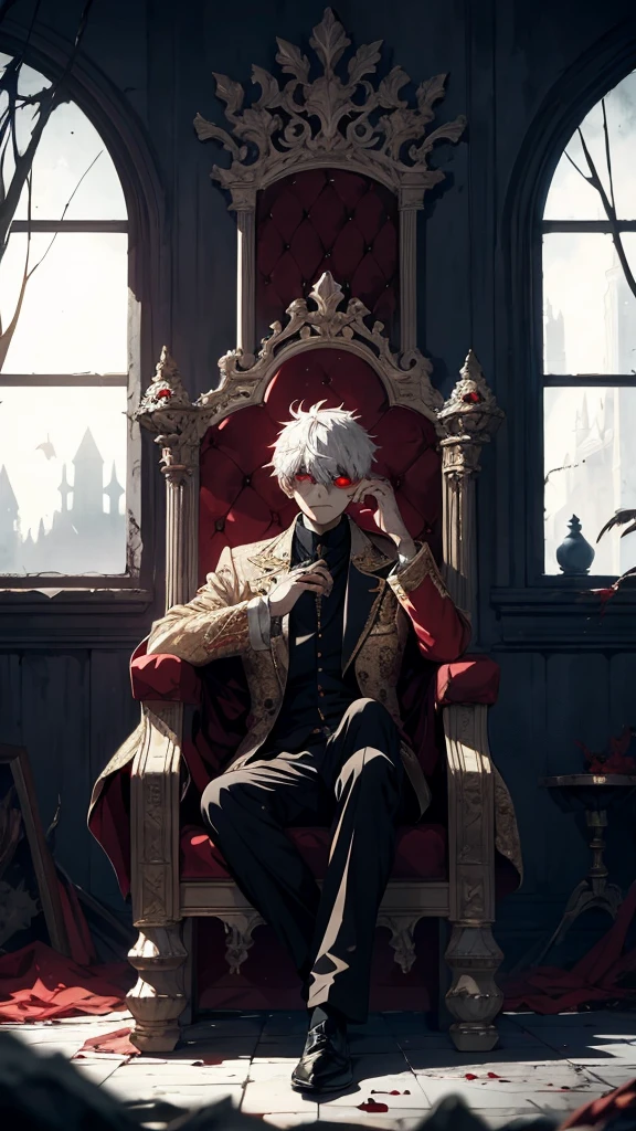 white haired, A red-eyed prince sits on a majestic throne inside an abandoned palace. The environment around it is dark and gloomy, with evil red eyes in the walls and cobwebs hanging there. The throne is richly decorated, with details of gold and precious stones, and covered with a dusty cloth. The protagonist is dressed in royal clothes, with Kaneki's expression on his face, when he looks at the horizon with glowing red eyes, Masterpiece, Best Quality, Ultra-detailed, illustartion, concept art in 8K resolution, Fantasy art, epic art, concept art wallpaper 4k, Deep color, natural lighting