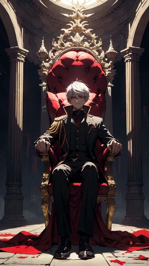 white haired, A red-eyed prince sits on a majestic throne inside an abandoned palace. The environment around it is dark and gloomy, with evil red eyes in the walls and cobwebs hanging there. The throne is richly decorated, with details of gold and precious stones, and covered with a dusty cloth. The protagonist is dressed in royal clothes, with Kaneki's expression on his face, when he looks at the horizon with glowing red eyes, Masterpiece, Best Quality, Ultra-detailed, illustartion, concept art in 8K resolution, Fantasy art, epic art, concept art wallpaper 4k, Deep color, natural lighting