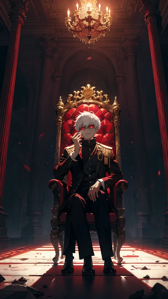 white haired, A red-eyed prince sits on a majestic throne inside an abandoned palace. The environment around it is dark and gloomy, with evil red eyes in the walls and cobwebs hanging there. The throne is richly decorated, with details of gold and precious stones, and covered with a dusty cloth. The protagonist is dressed in royal clothes, with Kaneki's expression on his face, when he looks at the horizon with glowing red eyes, Masterpiece, Best Quality, Ultra-detailed, illustartion, concept art in 8K resolution, Fantasy art, epic art, concept art wallpaper 4k, Deep color, natural lighting