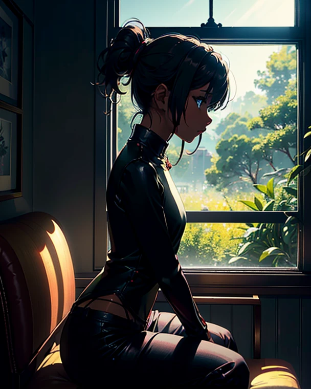 (Best Quality, Masterpiece) wall-、Afternoon sun、depth of fields、high resolution details、ultra-detailed、filming、surrealism、Soft light、(1 black girl with dark skin)、Deep field focus bokeh、Ray tracing、diffused(Ultra-fine glass reflection)、surrealism,(Woman sitting on a sofa in a house looking sideways out glass window:1.1)、Sun in the west reflection on the glass of the window、House scenery、profile, lonely
