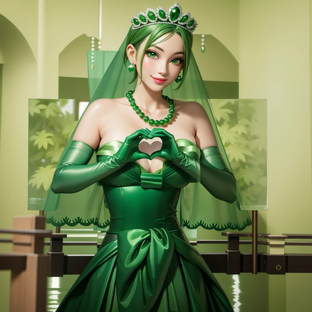 Emerald tiara, Green Pearl Necklace, ボーイッシュな非常に短いGreen Hair, Green Lips, Smiling Japanese woman, Very short hair, Busty beautiful lady, Green Eyes, Green satin long gloves, Green Eyes, Emerald Earrings, Green veil, Heart with both hands, Heart shaped hands, Green Hair, Beautiful Japanese Woman, green lip gloss