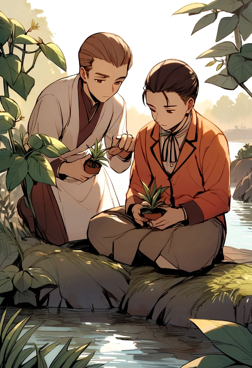 Two men scientists are planting Puya Raimondi (plant is short) sapling in front of the river