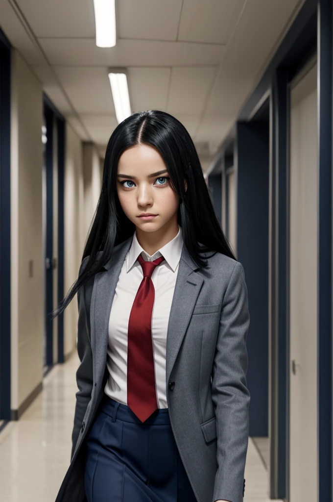 capture boku no hero academia, beautiful woman, long straight blue black hair, eyes with heterochromia, upset expression on face, uniform gray coat red tie, walking down a school hallway in the background, looking to the camera