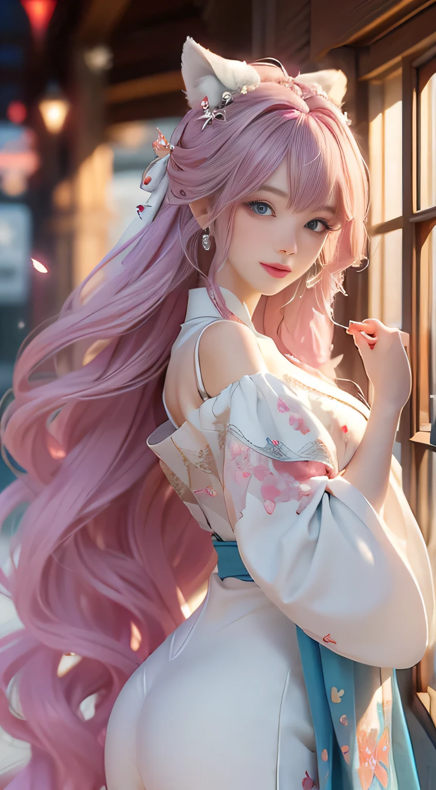 （（best quailty））， （（masterpiece））， （detail：1.4）， Beautiful cyberpunk female images，hdr（HighDynamicRange），Beautiful bright blue pupils，off-the-shoulder clothes，Fine pupils，Delicate face and eyes，long eyelashes，Blushlush，Delicate and fluffy hair，pink lip，Pure，Cute face，Sweet girl，Artistic sense，Casual wear，Advanced sense，butterflys，Cherry blossom petal，Beautiful hair accessories，Long hair and waist，Hair fluttering in the wind，Snow-white fox ears，curlies，Snow-white fluffy tail，Positive light，The light from the back window is backlighted