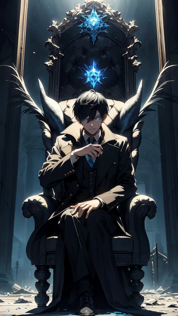 Black haired, A blue-eyed prince sits on a majestic throne inside an abandoned palace. The environment around it is dark and gloomy, with evil blue eyes in the walls and cobwebs hanging there. The throne is richly decorated, with details of gold and precious stones, and covered with a dusty cloth. The protagonist is dressed in royal clothes, with Kaneki's expression on his face, when he looks at the horizon with glowing blue eyes, Masterpiece, Best Quality, Ultra-detailed, illustartion, concept art in 8K resolution, Fantasy art, epic art, concept art wallpaper 4k, Deep color, natural lighting, detailed face, proper finger, majestic