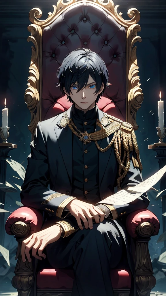Black haired, A blue-eyed prince sits on a majestic throne inside an abandoned palace. The environment around it is dark and gloomy, with evil blue eyes in the walls and cobwebs hanging there. The throne is richly decorated, with details of gold and precious stones, and covered with a dusty cloth. The protagonist is dressed in royal clothes, with Kaneki's expression on his face, when he looks at the horizon with glowing blue eyes, Masterpiece, Best Quality, Ultra-detailed, illustartion, concept art in 8K resolution, Fantasy art, epic art, concept art wallpaper 4k, Deep color, natural lighting, detailed face, proper finger, majestic