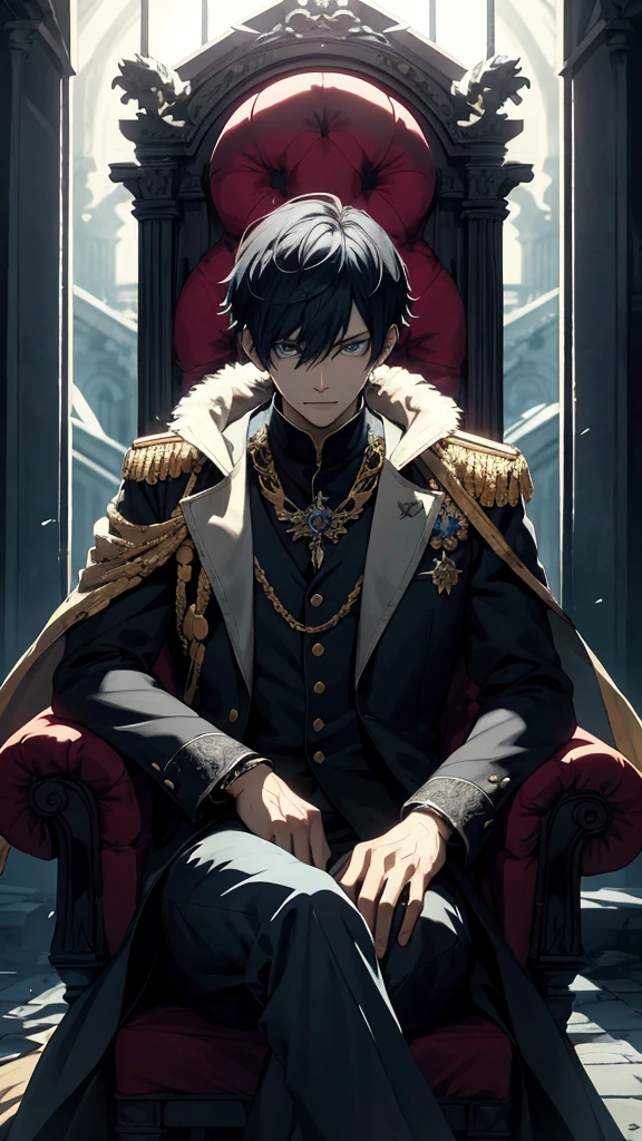 Black haired, A blue-eyed prince sits on a majestic throne inside an abandoned palace. The environment around it is dark and gloomy, with evil blue eyes in the walls and cobwebs hanging there. The throne is richly decorated, with details of gold and precious stones, and covered with a dusty cloth. The protagonist is dressed in royal clothes, with Kaneki's expression on his face, when he looks at the horizon with glowing blue eyes, Masterpiece, Best Quality, Ultra-detailed, illustartion, concept art in 8K resolution, Fantasy art, epic art, concept art wallpaper 4k, Deep color, natural lighting, detailed face, proper finger, majestic