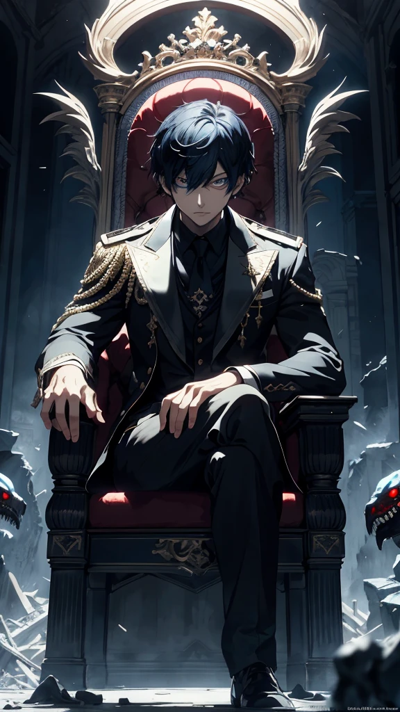 Black haired, A blue-eyed prince sits on a majestic throne inside an abandoned palace. The environment around it is dark and gloomy, with evil blue eyes in the walls and cobwebs hanging there. The throne is richly decorated, with details of gold and precious stones, and covered with a dusty cloth. The protagonist is dressed in royal clothes, with Kaneki's expression on his face, when he looks at the horizon with glowing blue eyes, Masterpiece, Best Quality, Ultra-detailed, illustartion, concept art in 8K resolution, Fantasy art, epic art, concept art wallpaper 4k, Deep color, natural lighting, detailed face, proper finger, majestic