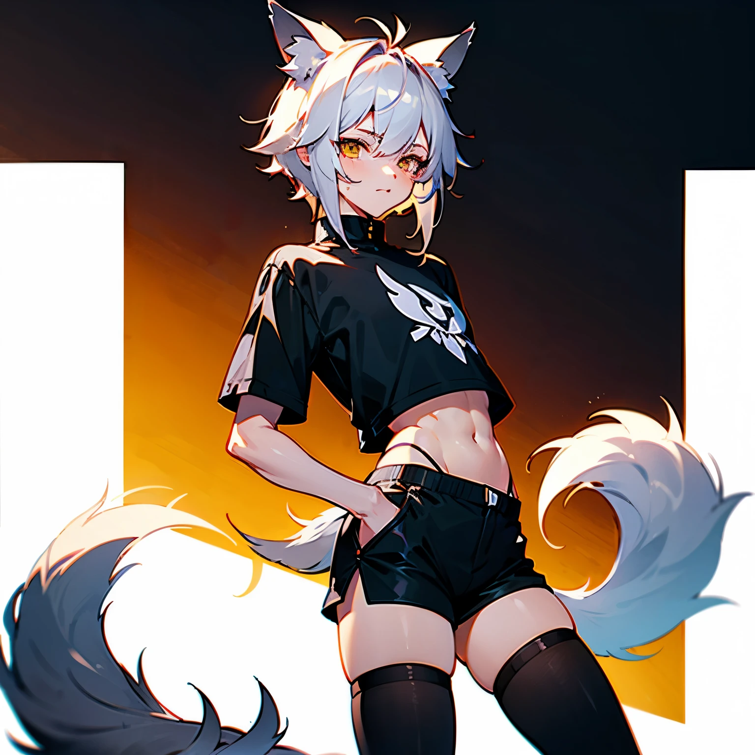small male Wolf ears and tail in thight shorts and black thigh highs and a tight shirt standing
