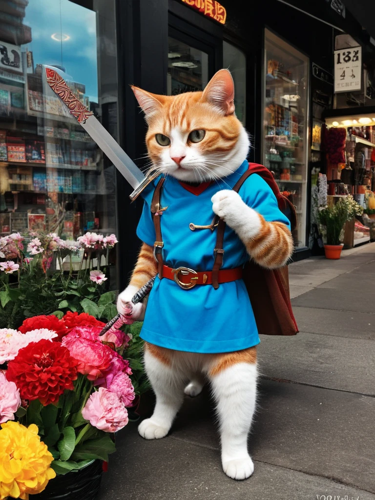 Hyperrealism Art、 (傑作photograph:1.3) of (Super detailed:1.3) Cat,Holding a sword,In front of Flower shop,(Artist: Butcher Billy:1.3),Very detailed,(Vorticism Art:1.3),(Supersaturation:1.3) . 非常に高解像度of詳細, photograph, Realism pushed to the limit, Fine texture, Incredibly realistic