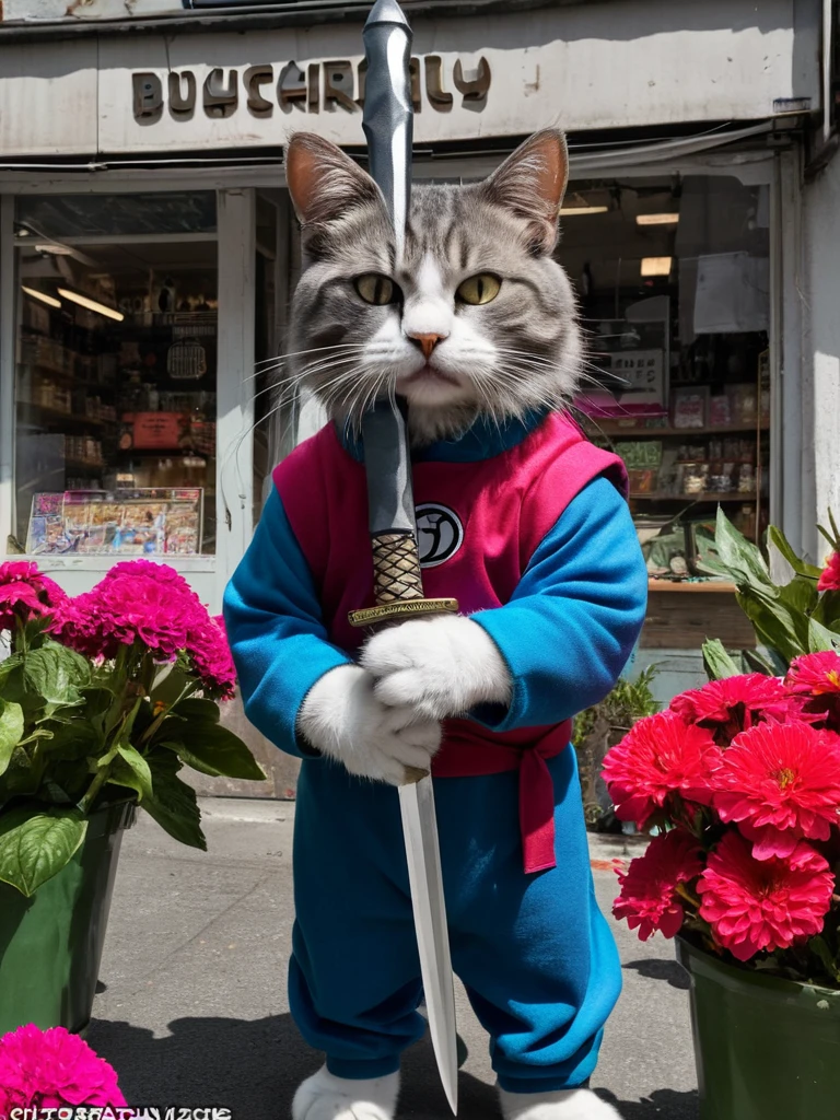 Hyperrealism Art、 (傑作photograph:1.3) of (Super detailed:1.3) Cat,Holding a sword,In front of Flower shop,(Artist: Butcher Billy:1.3),Very detailed,(Vorticism Art:1.3),(Supersaturation:1.3) . 非常に高解像度of詳細, photograph, Realism pushed to the limit, Fine texture, Incredibly realistic