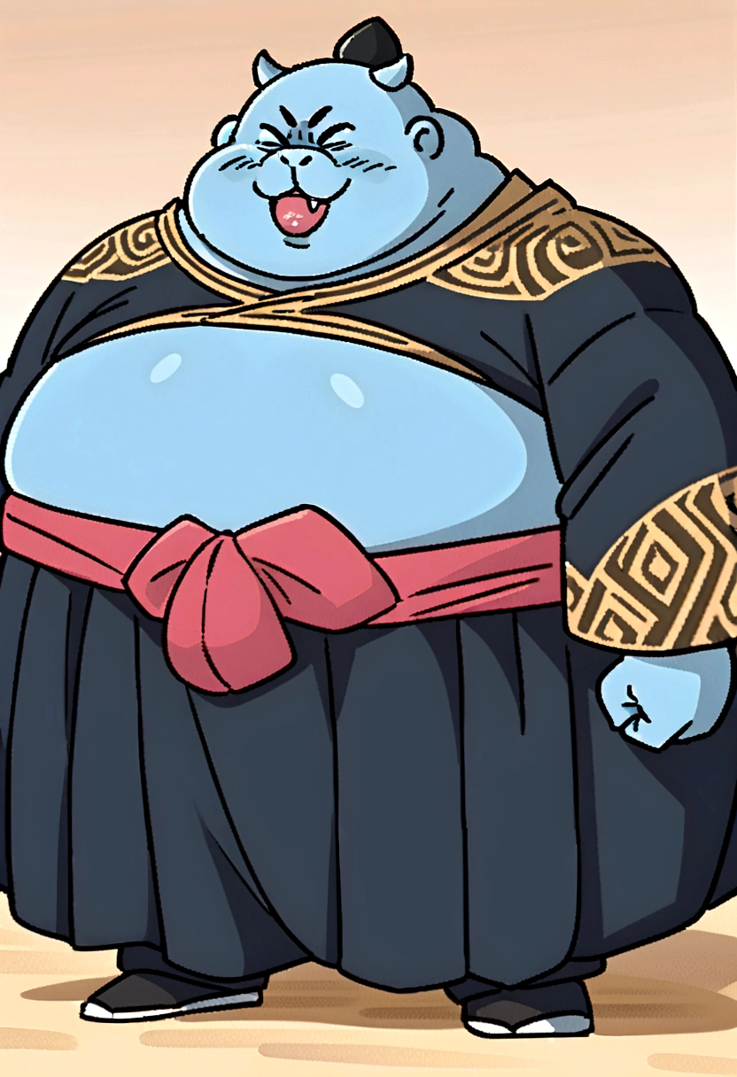 chubby, fatter, potbellied, ember (Jinbei) standing at the beach, blue skin,, Jinbe, tusks, cosplay de oso, hard penis , desnudo, pene duro, pene grande 