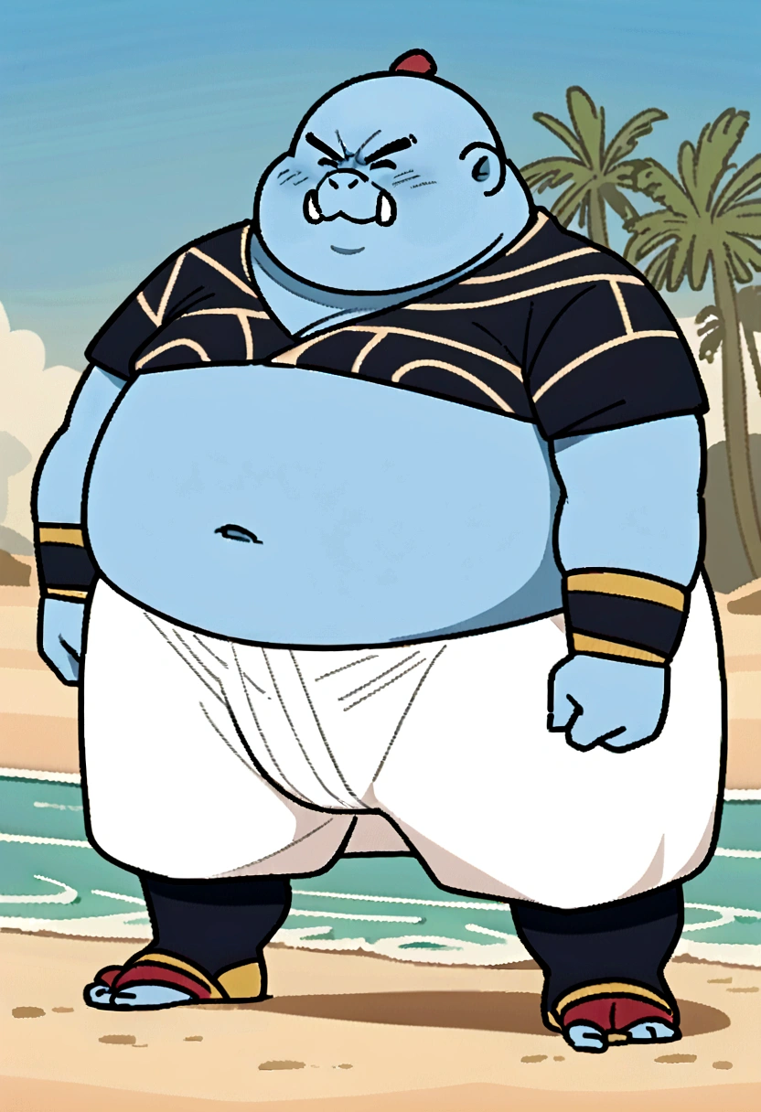 chubby, fatter, potbellied, ember (Jinbei) standing at the beach, blue skin,, Jinbe, tusks, cosplay de oso, hard penis , desnudo, pene duro, pene grande 