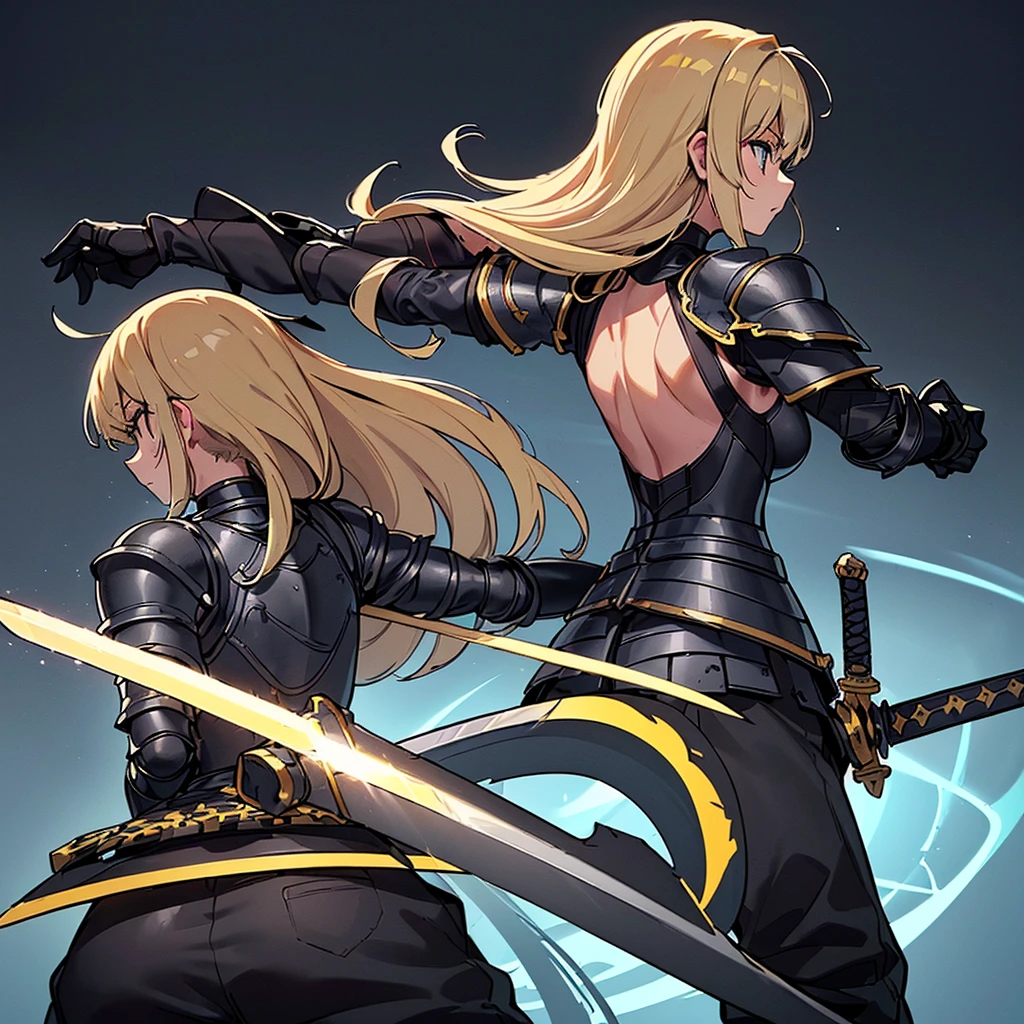 (((Solo)))、Highest quality, Best Quality、8K、Best illustrations、(Full body character concept、detailed)、(((Gray simple armor、Black trousers、Black gloves))、(woman、18-year-old)、(Blonde、Long Hair)、(((Grab the sword)))、(Glowing light background)、(Fighting stance,)、Dramatic Angle、(Blue and yellow aura)、(From the back、Back view)