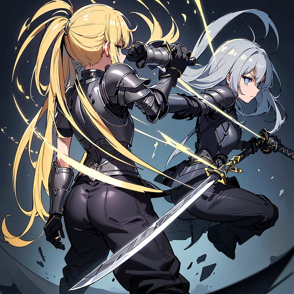 (((Solo)))、Highest quality, Best Quality、8K、Best illustrations、(Full body character concept、detailed)、(((Gray simple armor、Black trousers、Black gloves))、(woman、18-year-old)、(Blonde、Long Hair)、(((Grab the sword)))、(Glowing light background)、(Fighting stance,)、Dramatic Angle、(Blue and yellow aura)、(From the back、Back view)