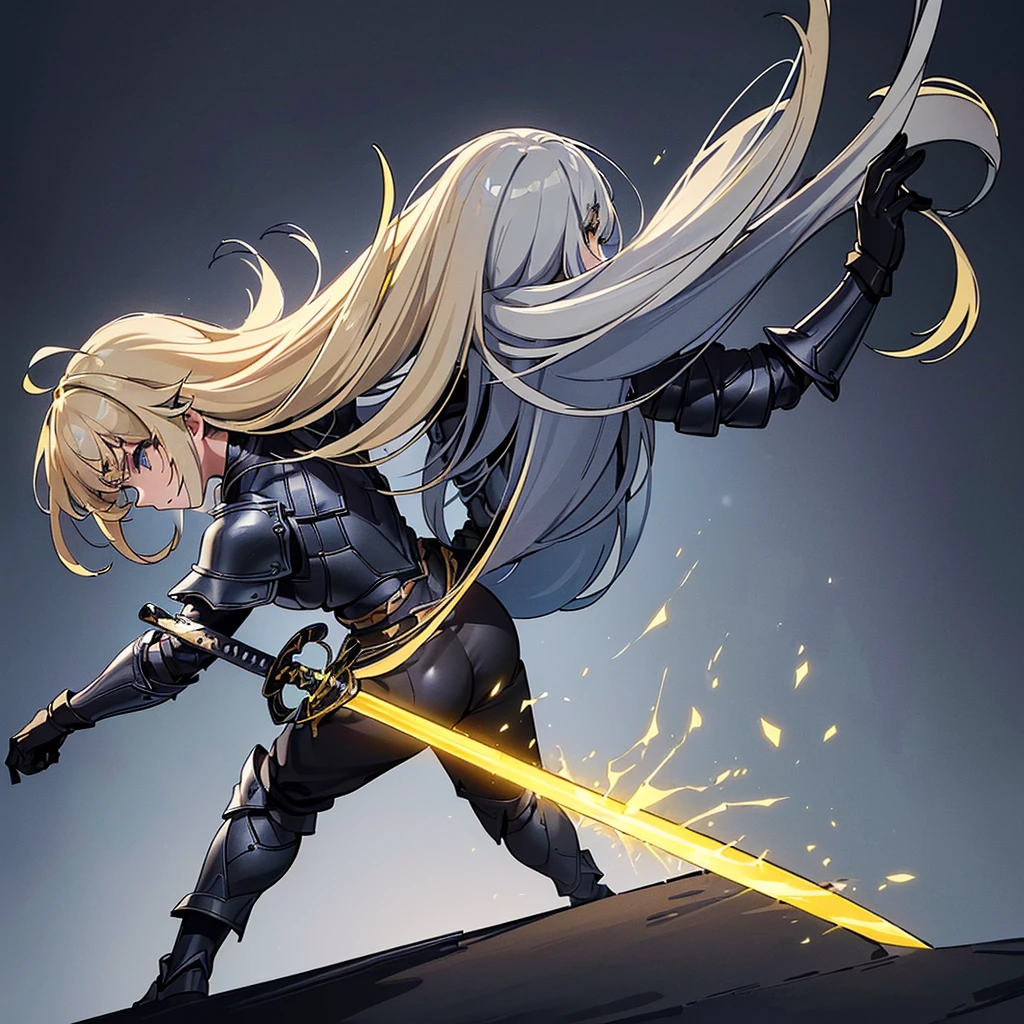 (((Solo)))、Highest quality, Best Quality、8K、Best illustrations、(Full body character concept、detailed)、(((Gray simple armor、Black trousers、Black gloves))、(woman、18-year-old)、(Blonde、Long Hair)、(((Grab the sword)))、(Glowing light background)、(Fighting stance,)、Dramatic Angle、(Blue and yellow aura)、(From the back、Back view)