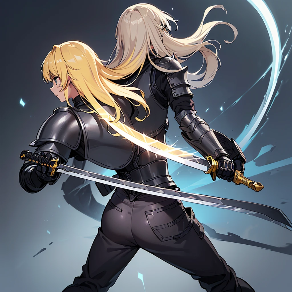 (((Solo)))、Highest quality, Best Quality、8K、Best illustrations、(Full body character concept、detailed)、(((Gray simple armor、Black trousers、Black gloves))、(woman、18-year-old)、(Blonde、Long Hair)、(((Grab the sword)))、(Glowing light background)、(Fighting stance,)、Dramatic Angle、(Blue and yellow aura)、(From the back、Back view)