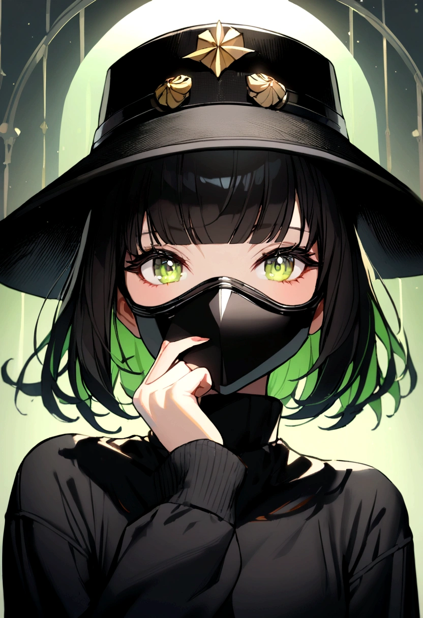 1 girl, neon green eyes, skin fair, Bblack hair, with bangs, black samurai hat, black sweatshirt, mask covering the mouth and nose
