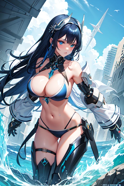 Dark blue hair with white accents,Two-tone hair,Wearing a bikini top,Biomechanical ,Tears from Overlord,Glamorous bikini,Holy Cyborg Necromancer Girl,Fluffy breasts,Fine details.girl&#39; Forefront,十二支騎士のgirl,黒と黄色の服を着たアニメのgirl, A strong and stylish female magician, The scales that cover her chest, Fluffy breasts,The scales on her chest, Long ponytail