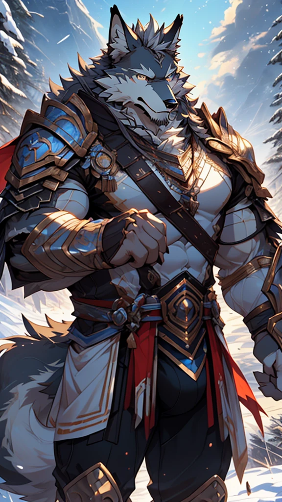 battle，fight，white armor，long blue sword in his hand，elder，gentle and soft，ice magic power，long white beard，long braided hair，solo, kemono, (old grey wolf), anthro (old wolf), anthro, male, anthro male (old wolf), anthro (old wolf), tail,muscles, handsome, general, loose cloth ,bulge, big abs, northern area,cloudy sky，wind and snowstorm,perfect lighting, (light particles),(best quality),(masterpiece),(ultra detailed),sharp focus, light particles, strong, serious,rippled muscles, ultradetailed face, ultradetailed eyes, looking at viewer, good looking, bareness, ((detailed face)),a lot of scars,the elder，elder face