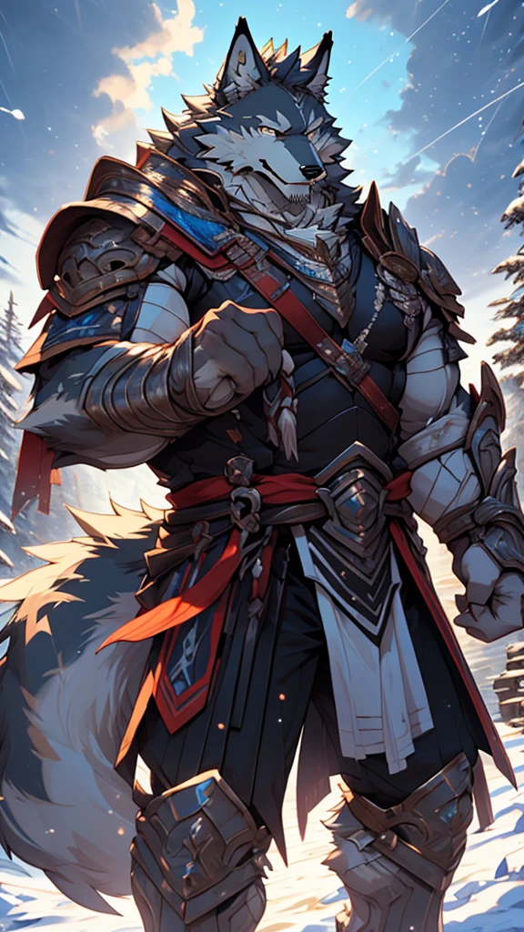 battle，fight，white armor，long blue sword in his hand，elder，gentle and soft，ice magic power，long white beard，long braided hair，solo, kemono, (old grey wolf), anthro (old wolf), anthro, male, anthro male (old wolf), anthro (old wolf), tail,muscles, handsome, general, loose cloth ,bulge, big abs, northern area,cloudy sky，wind and snowstorm,perfect lighting, (light particles),(best quality),(masterpiece),(ultra detailed),sharp focus, light particles, strong, serious,rippled muscles, ultradetailed face, ultradetailed eyes, looking at viewer, good looking, bareness, ((detailed face)),a lot of scars,the elder，elder face