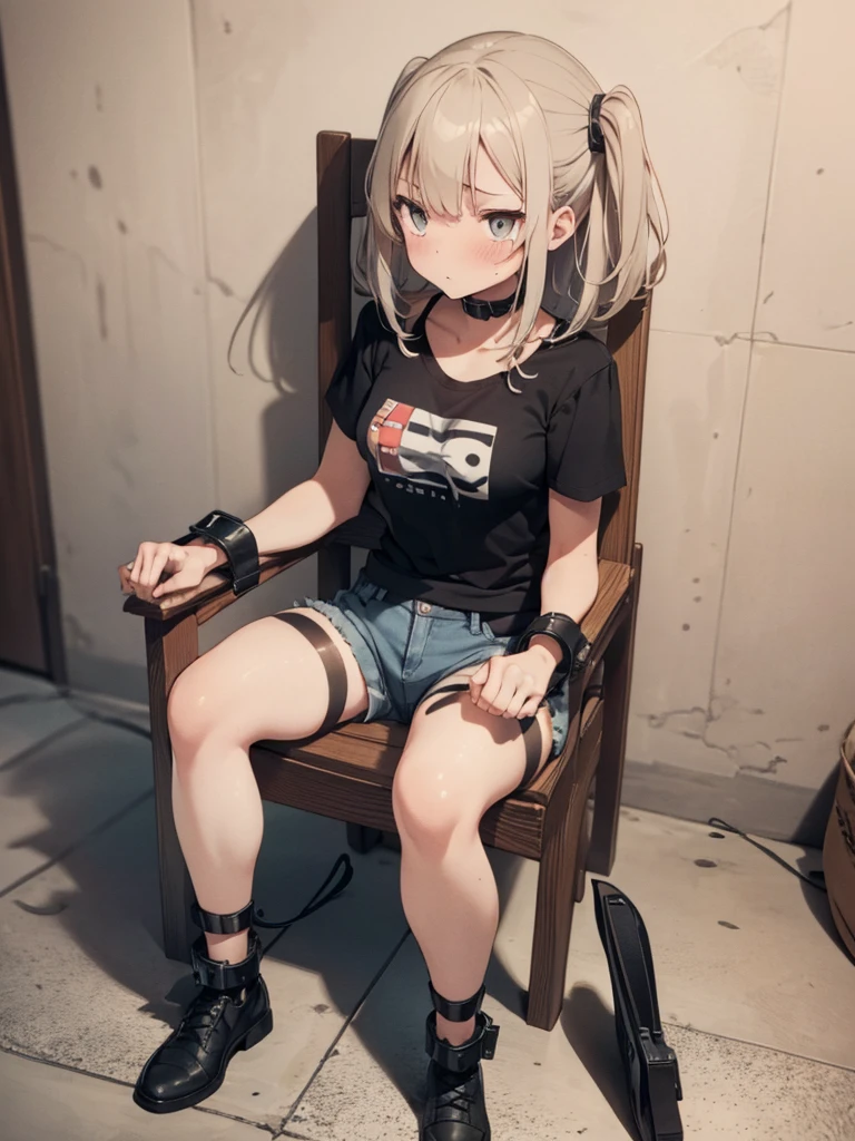 1 girl, (blushing, terrified), tied to a chair, straped to chair, (short sleeve, mini-shorts, black stockings, light blue t-shirt, tight clothing), (inside basement, underground), (wrist cuffs, ankle cuffs, wrists tied, ankles tied), perfect body, detailed face, detailed eyes, full body, image taken from afar