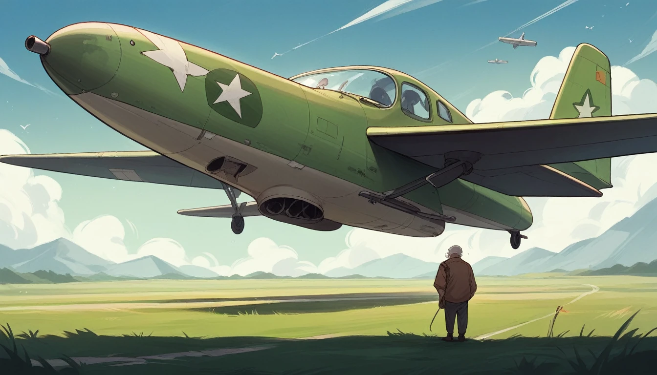 An old man standing in along distance a plane green fielded ground