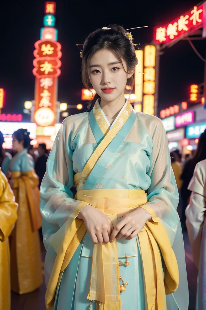 (((best quality))),(((ultra detailed))),(((masterpiece))),illustration,1girl,bun hair,( gauze hanbok:1.3),collar,slim,flat ,laughing, summer night,Korean city scape, street, neon signs, beautiful, vibrant, detailed  features,medium hair, elegance, cultural atmosphere, bustling city,tall buildings full of colorful advertisements, reflections, lively atmosphere, street food aroma,full body