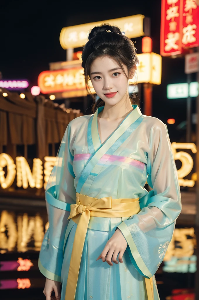(((best quality))),(((ultra detailed))),(((masterpiece))),illustration,1girl,bun hair,(see through gauze hanbok:1.3),collar,slim,flat chest,laughing, summer night,Korean city scape, street, neon signs, beautiful, vibrant, detailed facial features,medium hair, elegance, cultural atmosphere, bustling city,tall buildings full of colorful advertisements, reflections, lively atmosphere, street food aroma,full body