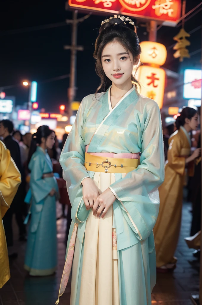 (((best quality))),(((ultra detailed))),(((masterpiece))),illustration,1girl,bun hair,(see through gauze hanbok:1.3),collar,slim,flat chest,laughing, summer night,Korean city scape, street, neon signs, beautiful, vibrant, detailed facial features,medium hair, elegance, cultural atmosphere, bustling city,tall buildings full of colorful advertisements, reflections, lively atmosphere, street food aroma,full body