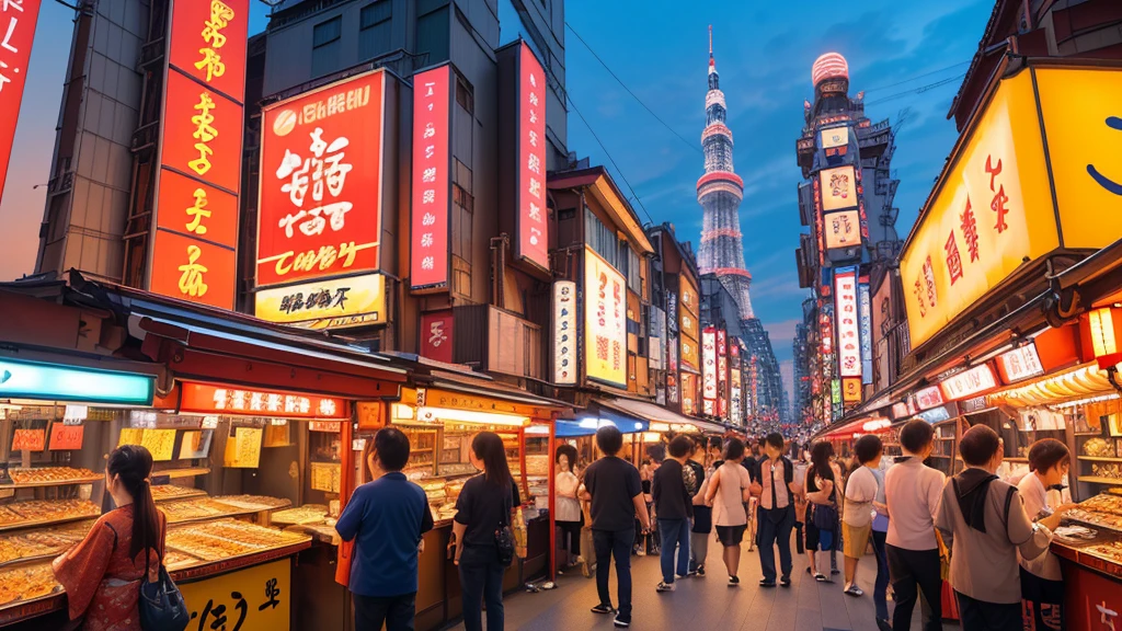 (Evening scene), (Tsutenkaku Tower), (Osaka, Japan), (vibrant neon lights), (colorful billboards), (bustling street), (tourists and locals), (beautiful sunset), (light-up), (street food stalls), (Japanese culture), (urban atmosphere), (photography), (traditional and modern mix), (distinctive architecture)