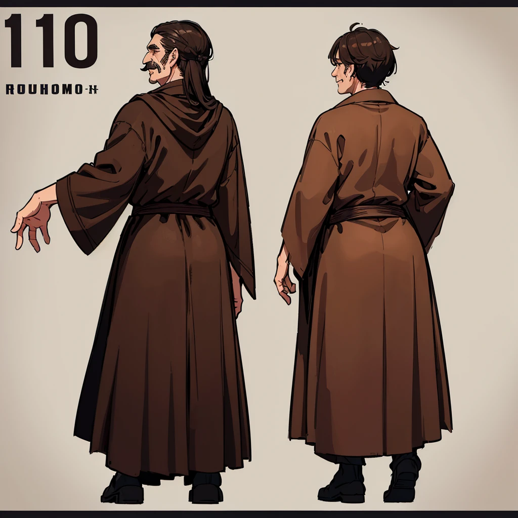 ((((Full body character concept、10 people))))、Highest quality, Best Quality,Best illustrations、middle ages、(((Simple brown robe)))、(40-year-old uncle、Kaiser moustache)、(Close your eyes、Close your eyes、smile)、dance、(From the back、Back view)
