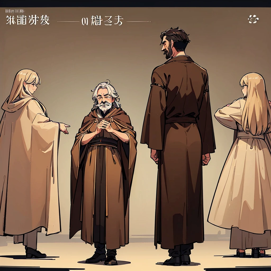 ((((Full body character concept、10 people))))、Highest quality, Best Quality,Best illustrations、middle ages、(((Simple brown robe)))、(40-year-old uncle、Kaiser moustache)、(Close your eyes、Close your eyes、smile)、dance、(From the back、Back view)