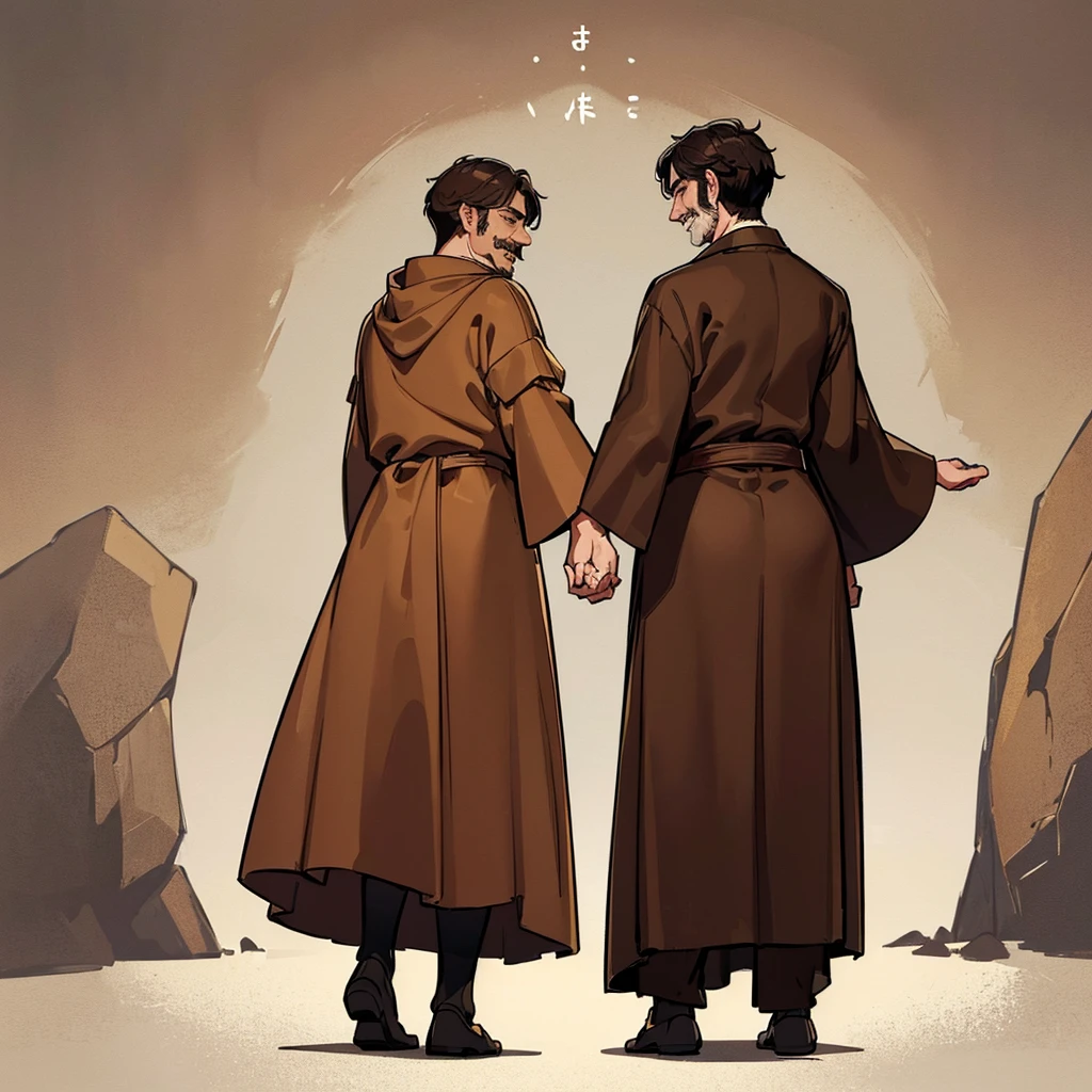 ((((Full body character concept、10 people))))、Highest quality, Best Quality,Best illustrations、middle ages、(((Simple brown robe)))、(40-year-old uncle、Kaiser moustache)、(Close your eyes、Close your eyes、smile)、dance、(From the back、Back view)