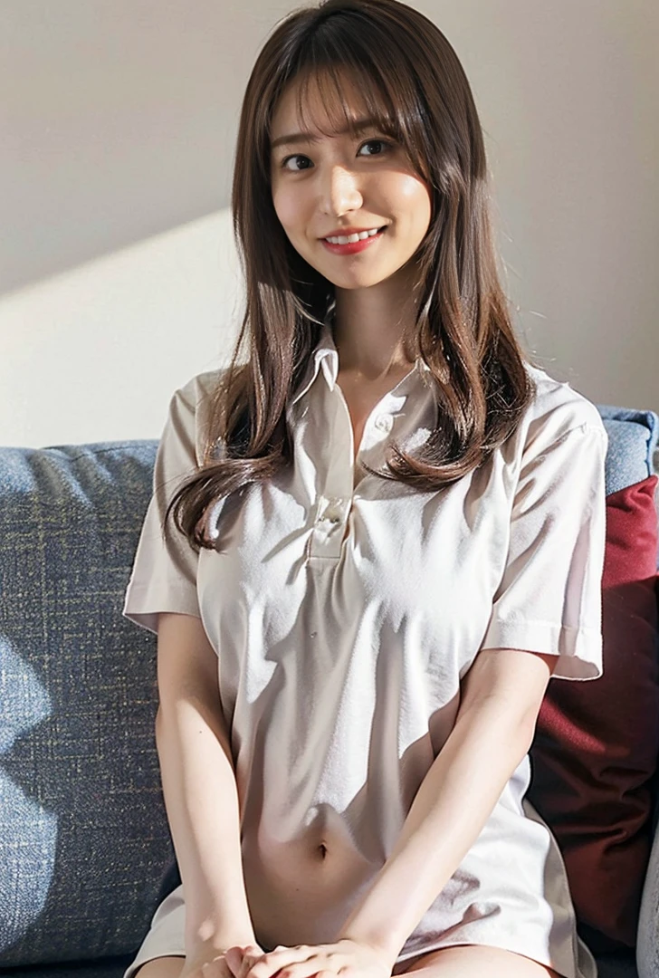 ((Both hands are in front of the navel、A photo of her panties showing through a short polo shirt、Hands roll up shirt、She is wearing a navy polo shirt and luxurious white panties.、:1.4))、Being in the living room、Length cream hair color、Her huge breasts are obvious even through her clothes..、Small earrings、Light brown hair color、:1.4））、Shiny Hair、Light beige hair color、Background Blur、Light brown hair、｛｛Cowgirl Shot｝｝、（（Close-up shot from the waist up、Big Breasts:1.4））、Big Breasts、にっこりsmile、服からでも分かるBig Breasts、Cowboy Shot、素敵なsmile、（（Revealing clothing））、Full body photo、ring、Tuck your hair behind one ear、Silver Necklace、smile、Caustics、Highly detailed photos、Big Breasts、Super no makeup、(8K、RAW Photos、Highest quality、masterpiece:1.2)、(Realistic、Realistic)、1 Girl、((Big Breastsショートヘア、Looking into the camera:1.4))、Hair blowing in the wind
