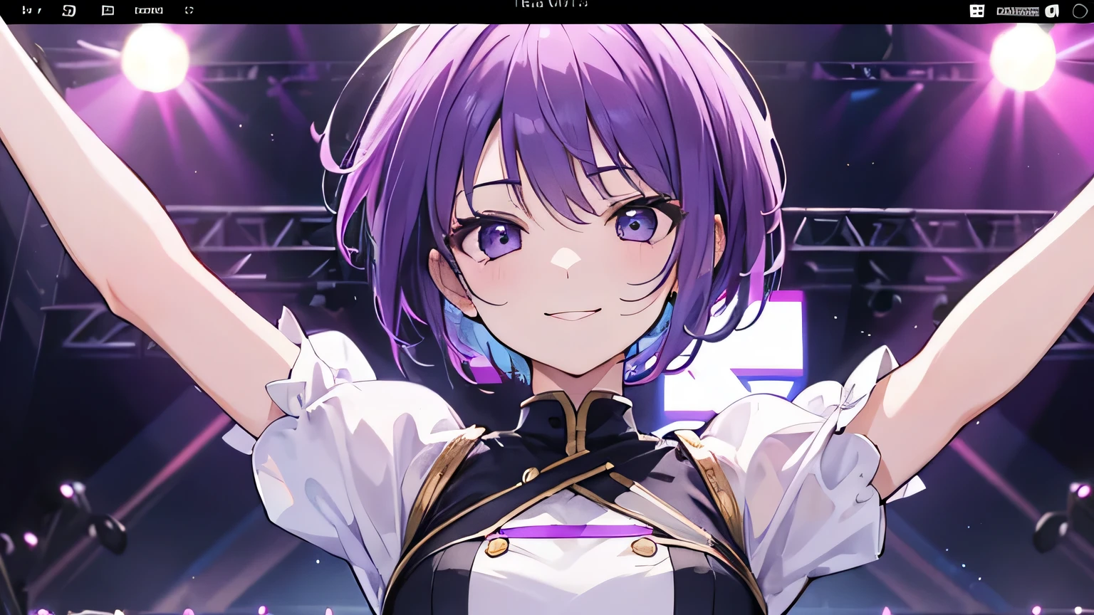 (T Masterpiece，4k wallpaper，Best Quality))、((girl１people))、(solo)、Bright and Brilliant，(Purple Hair)、(short hair:1.3)、smile、Idol、stage