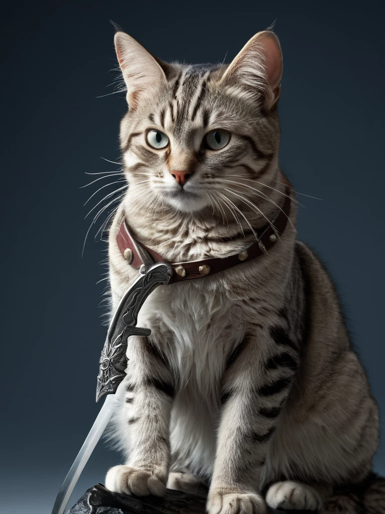 Cat,Holding a sword、Very detailed、(Supersaturation:1.3) . Extremely high resolution detail, photograph, Realism pushed to the limit, Fine texture, Incredibly realistic