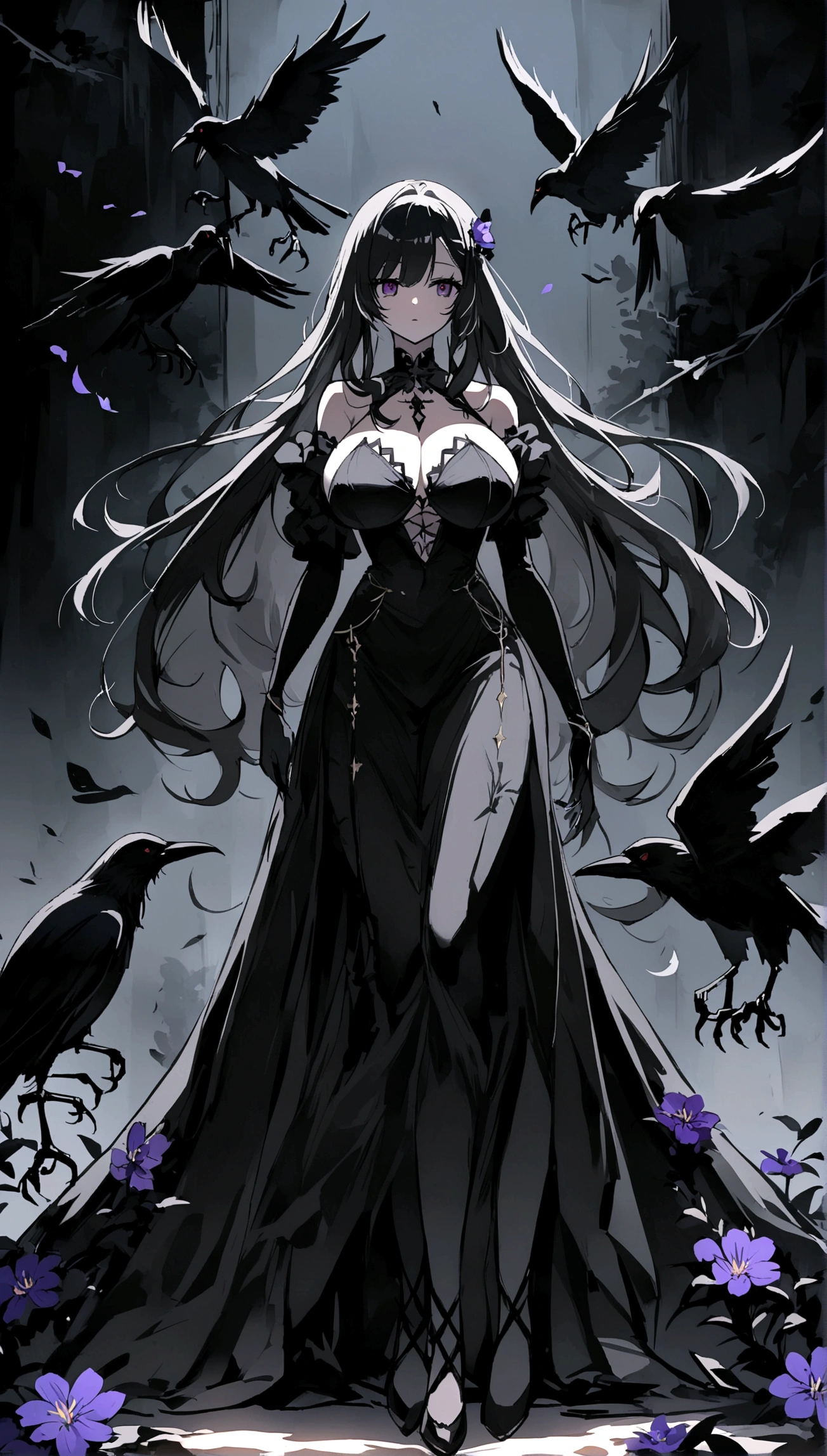 A beautiful anime-style girl with long hair and a purple flower、A contrast living in the dark graveyard(B99、W55、H68)A beautiful girl with a glamorous body、A beautiful immoral girl in a radical black and grey dress、Crow、Undead、chaos、mystery、Big Breasts、Full Body Shot。