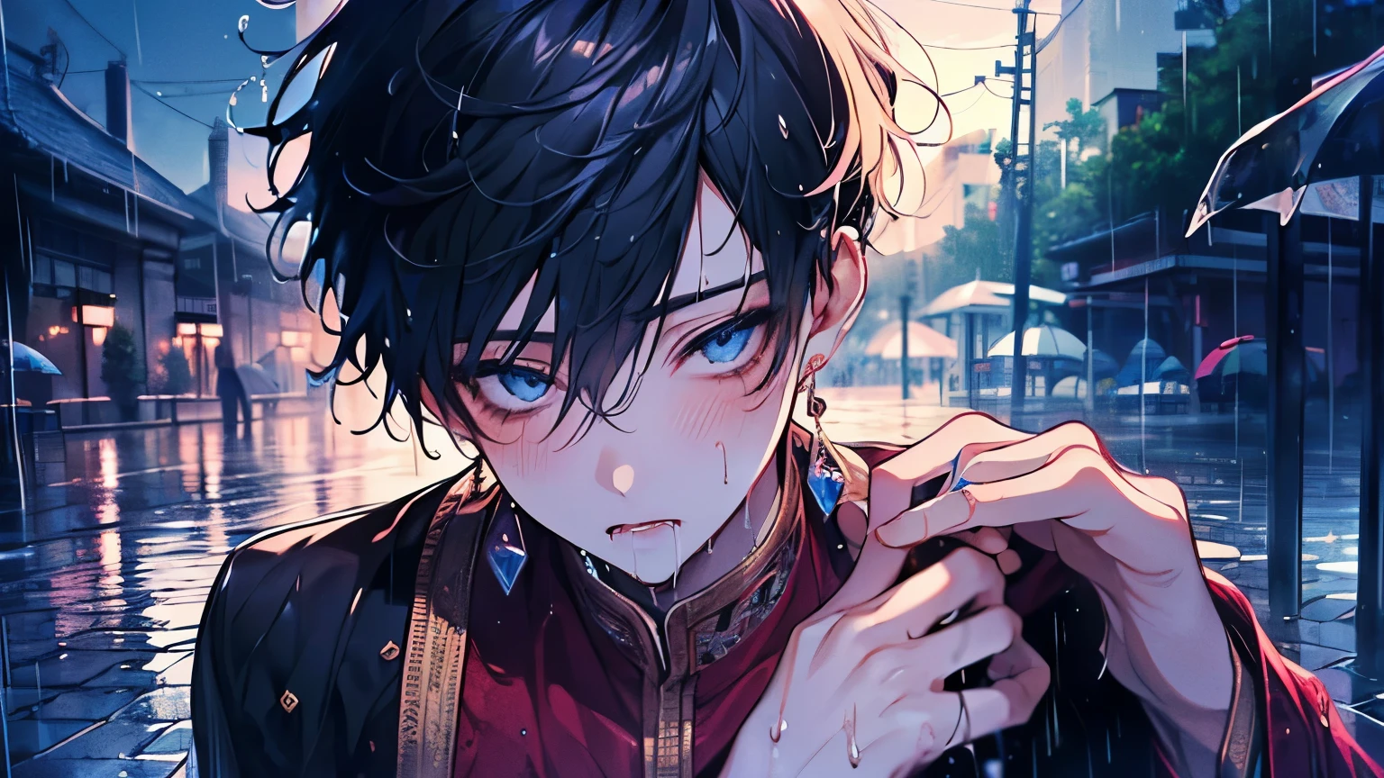 ((male:1.5)),(forhead mark),((White hair)),((rainy:1.2)),(nsfw:1.05),((high quality:1.2)),((perfect picture:1.2)),((beautiful image:1.2)),((high view:1.2)),blush,(marine:1.2),((Wet Hair:1.3)),((perfect hand:1.0)),Falling into Pleasure,(Arabian costumes:1.25),