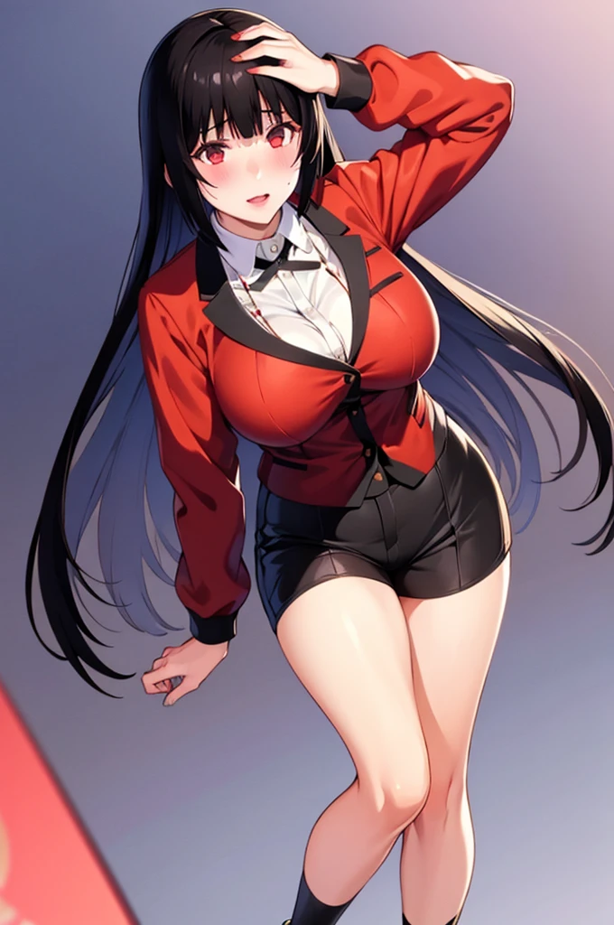 1 Girl, Yumeko Jabami, standing, front, sweatshirt, short shorts, tights, high-top sneakers, Yumeko looking at the viewer, flushed cheeks