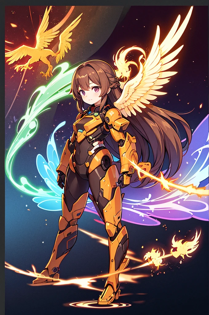 True Face、Full-body portrait、Are standing、Brown Hair、Long Hair、adult、Scientist、sf、Mechanical Battle Suit、Electronic Phoenix Wings